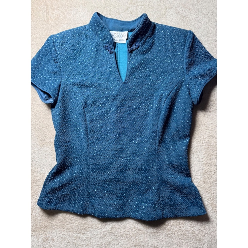 VTG‎ David Warren Mandarin Collar Textured Teal Top Size 8 Dark Romantic 90s